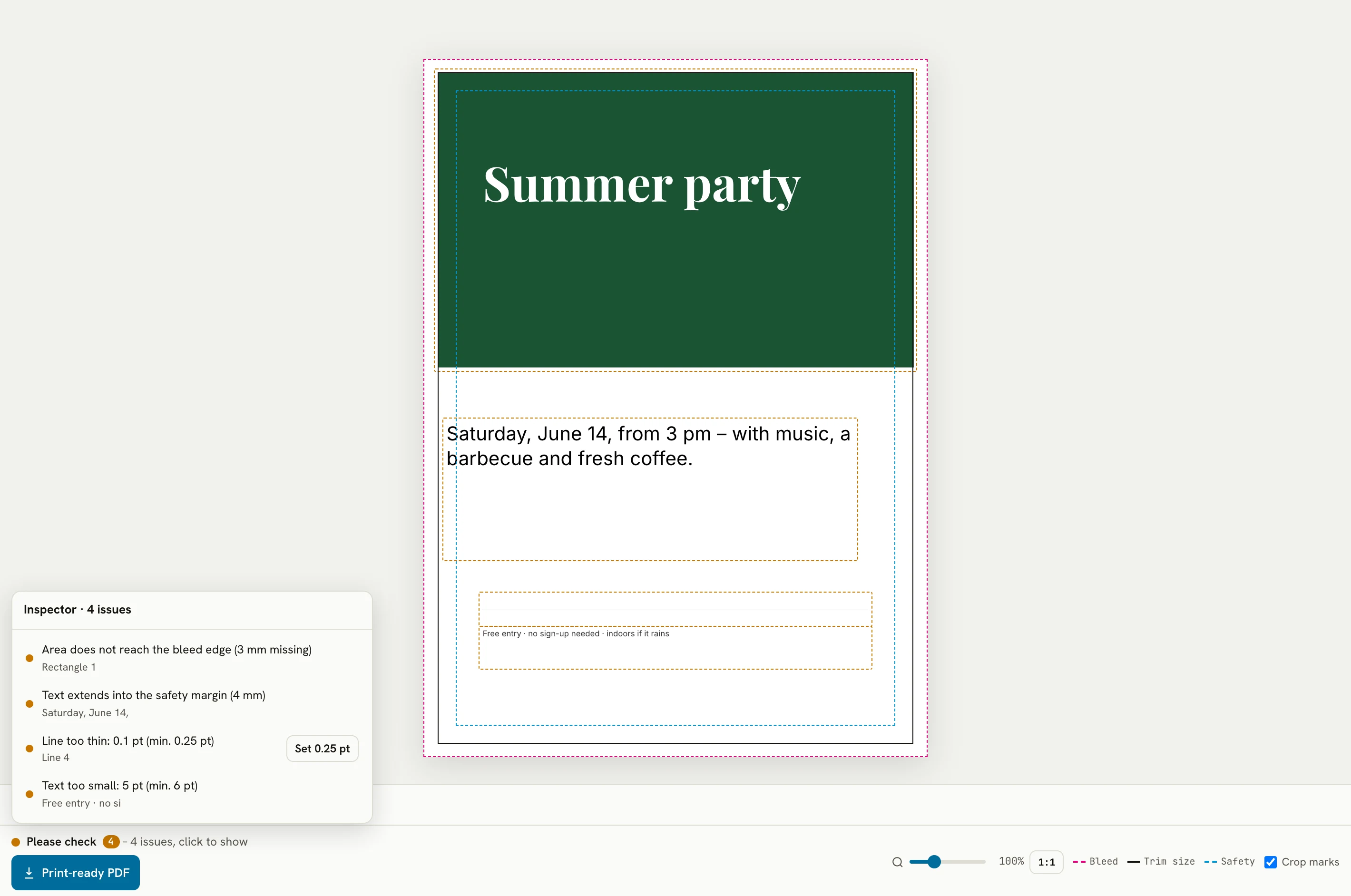 Flyer in the editor with the Inspector open: four issues, including a line that is too thin with a fix button